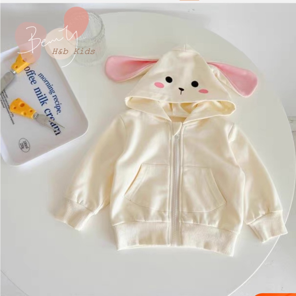 Áo dài tay thu đông cho bé gái TAI THỎ chất nỉ da cá có mũ họa tiết hoạt hình dễ thương 7-20kg