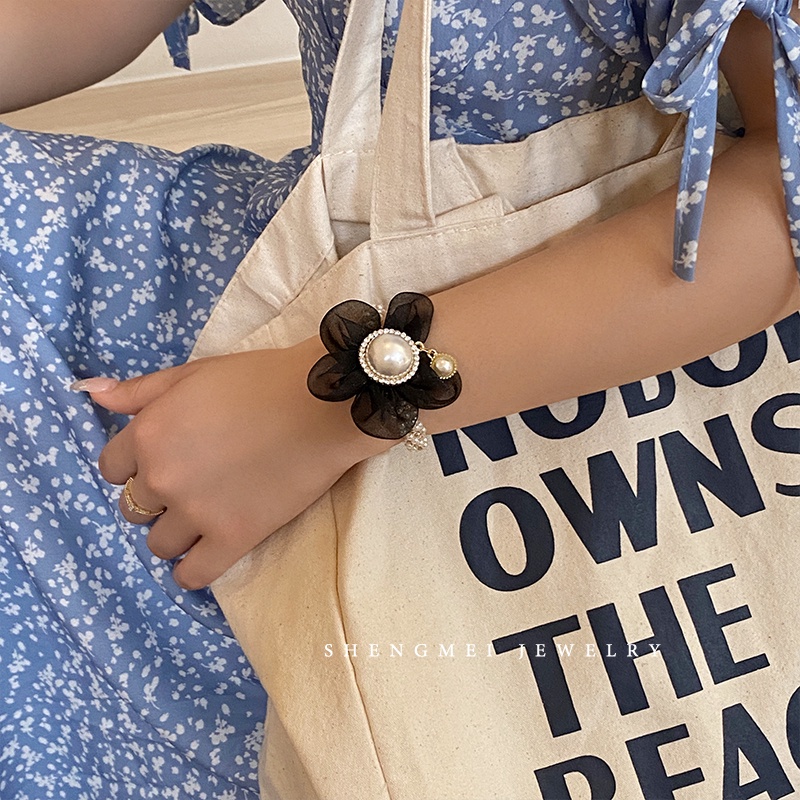 Dây Cột Tóc Ren Hoa Đính Ngọc Trai Nhân Tạo Phong Cách Hàn Quốc