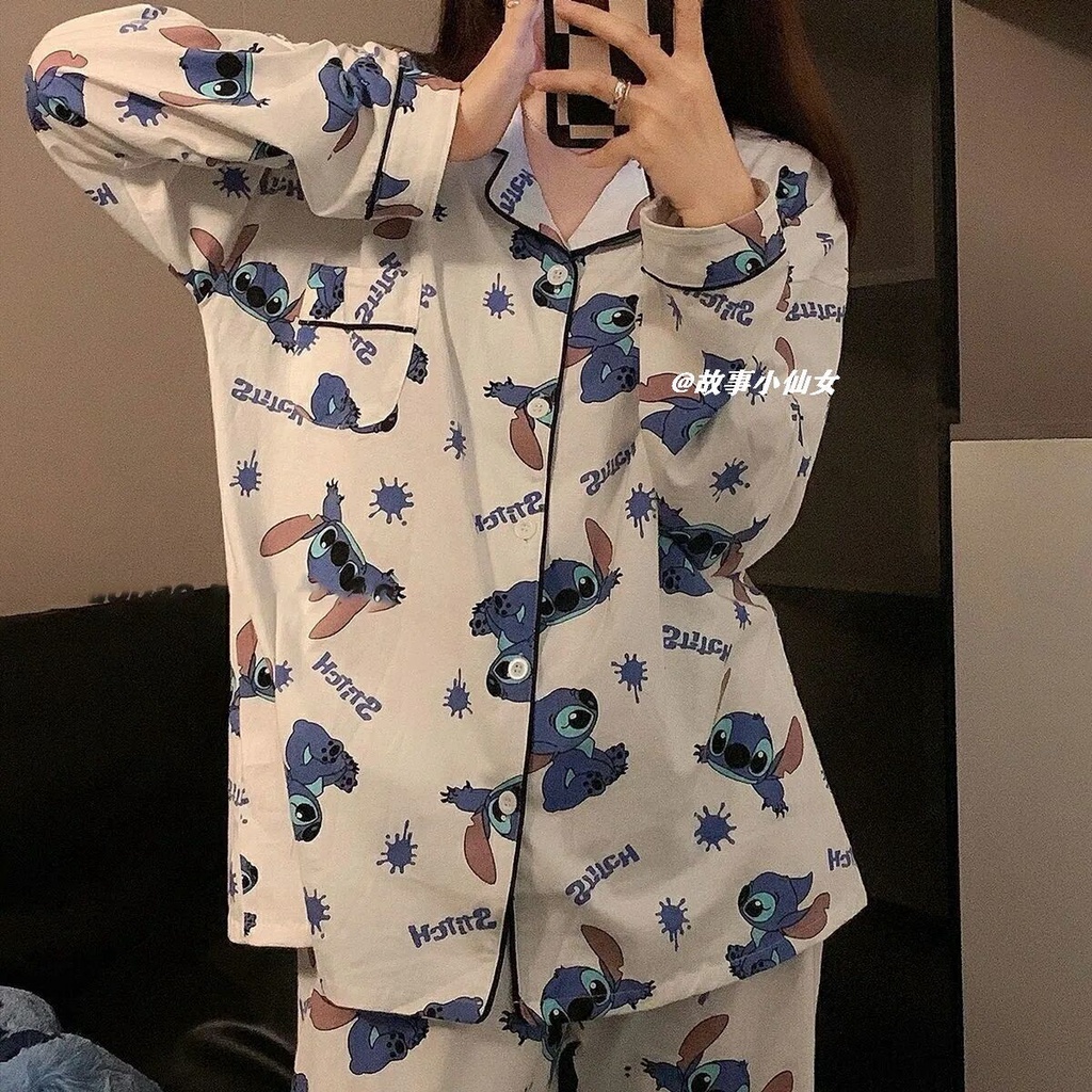 Bộ Đồ Ngủ Họa Tiết Hoạt Hình Stitch Đáng Yêu Thời Trang Xuân Thu Cho Học Sinh