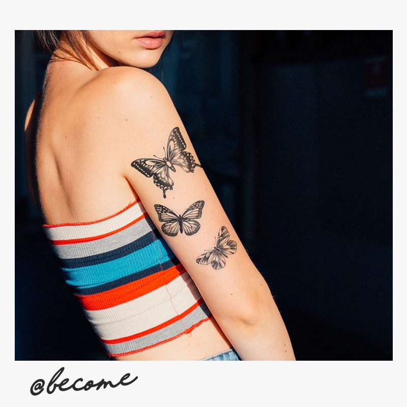 [Ms Cool]  Tattoo bướm hình xăm dán không thấm nước màu đen và màu trắng kéo dài cô gái văn học cánh tay nhãn dán hình xăm