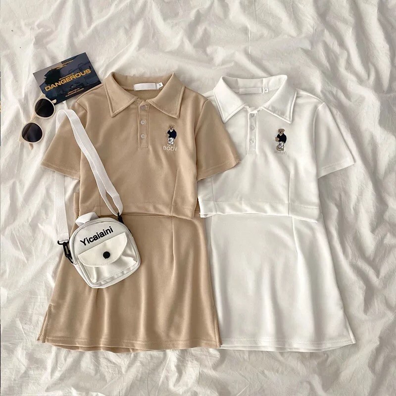 (order) Set áo polo gấu và chân váy ulzzang