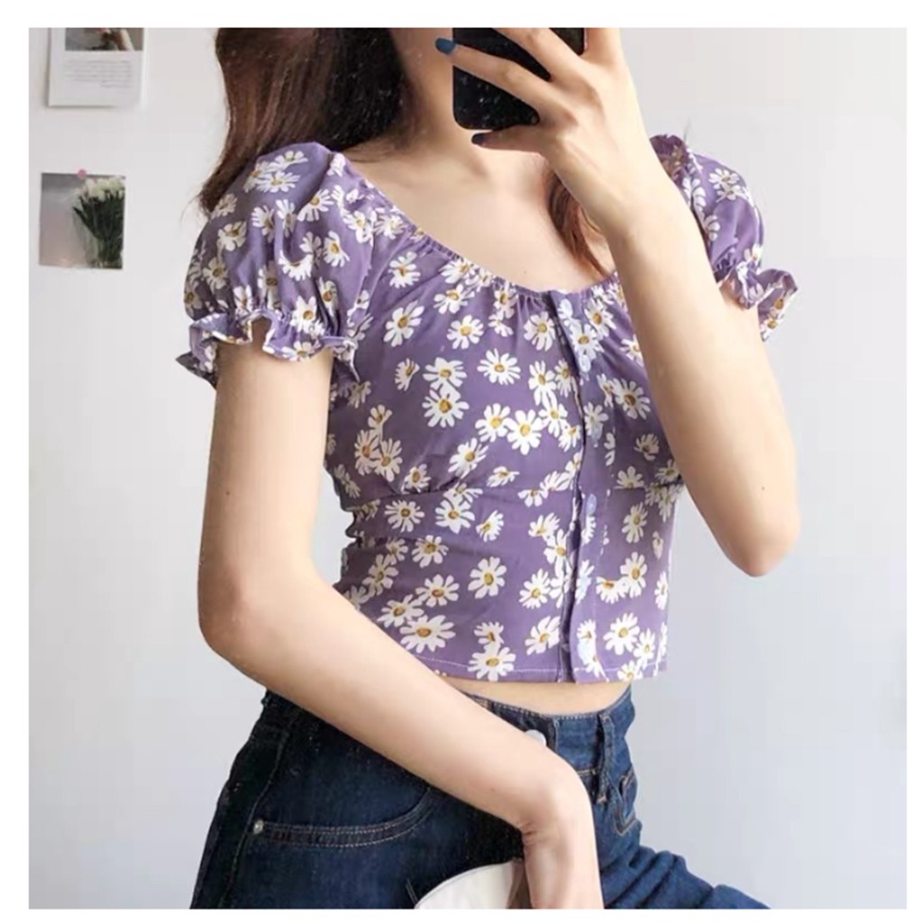 Áo croptop ulzzang chun lưng cka810, kiểu áo tay ngắn trễ vai nhiều màu, cute dễ phối đồ