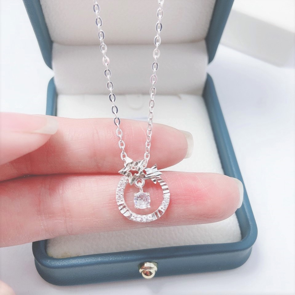 Dây chuyền bạc thật hình tròn đính ngôi sao, Vòng cổ bạc nữ tính - Trang sức bạc Evasilver