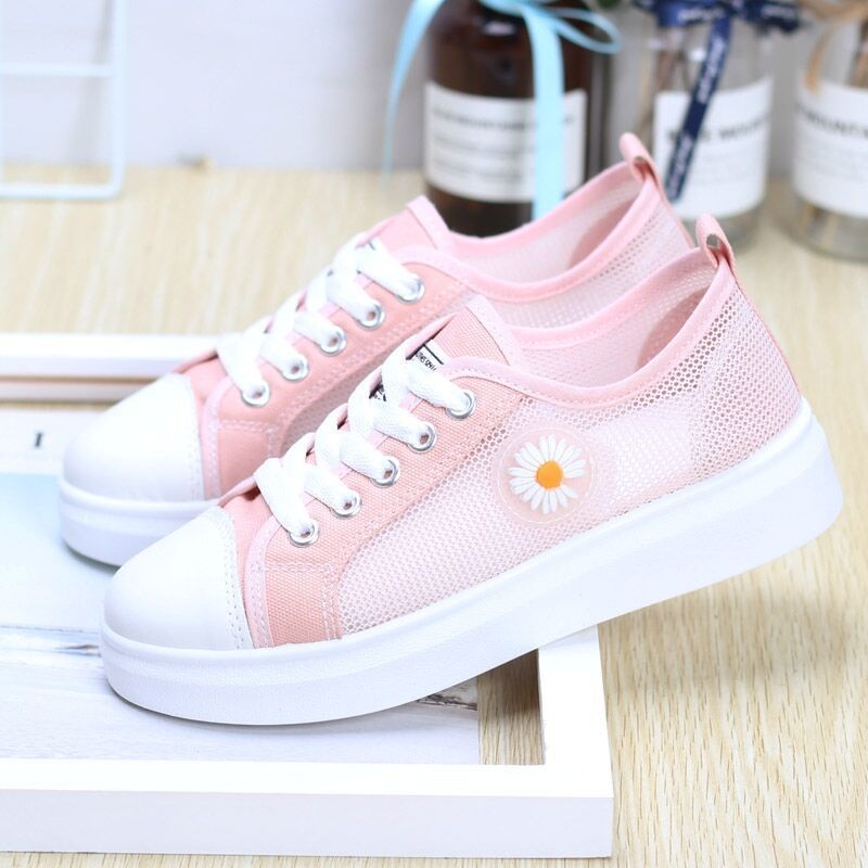 Giày thể thao vải lưới thoáng khí màu trắng họa tiết hoa cúc nhỏ phong cách Hàn Quốc thời trang hè mới cho nữ