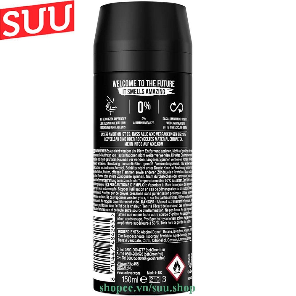Xịt Khử Mùi 150Ml Axe Non Stop Black, suu.shop Cam Kết 100% Chính Hãng.
