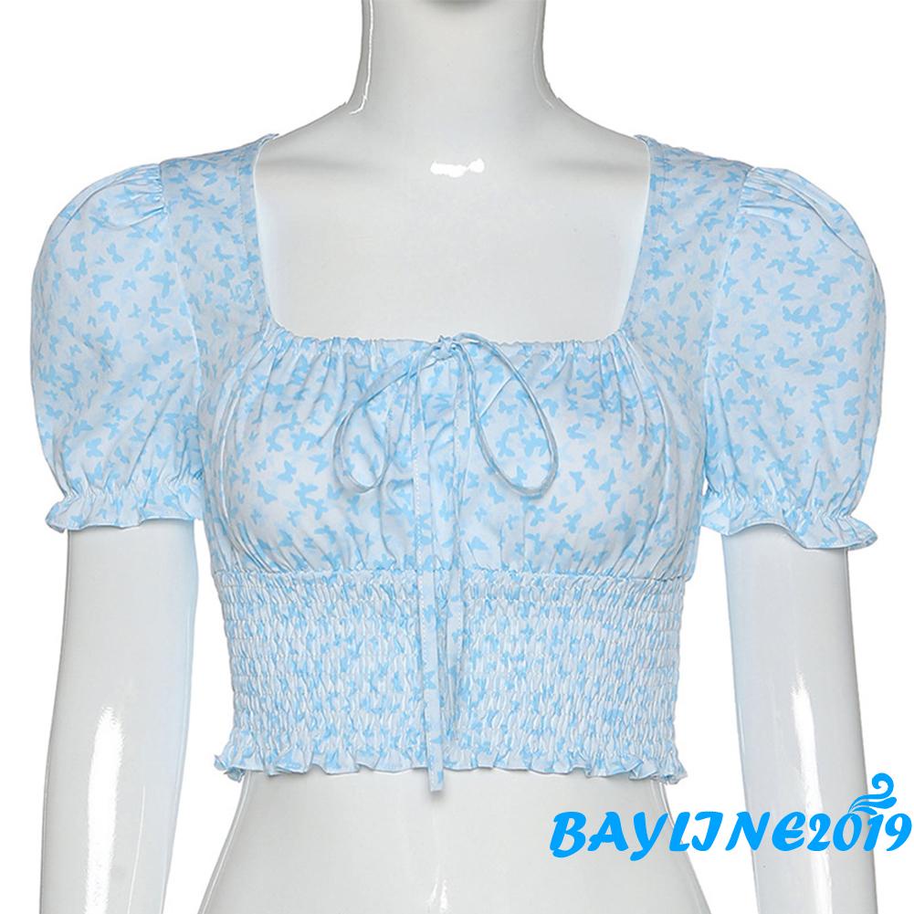 Áo croptop cổ vuông tay phồng ngắn phối ren phong cách vintage thời trang mùa hè cho nữ
