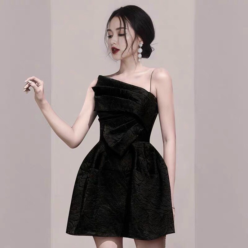 Đầm đen 2 dây dáng xoè dự tiệc sang trọng Chất liệu gấm cao cấp MINA MN127 | BigBuy360 - bigbuy360.vn