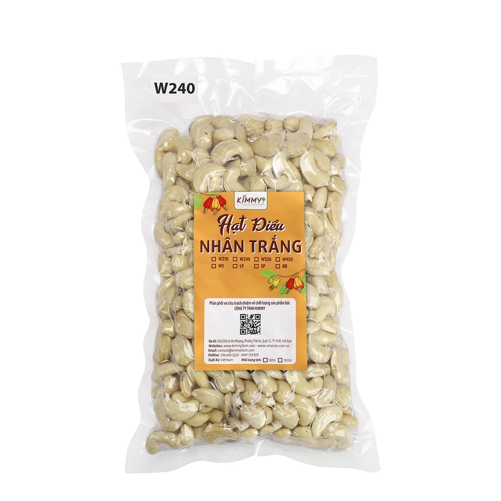 Hạt Điều Nguyên Hạt Kimmy Farm Hạt Điều W240 Cao Cấp Túi 500G Đã Bóc Vỏ Túi Tiện Lợi Dùng Làm Sữa, Nhân Bánh, Nấu Chè