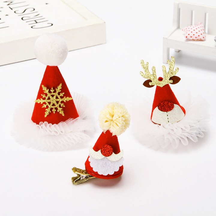 Kẹp tóc hình nón ông già Noel bằng vải vài sequin nhiều họa tiết xinh xắn ngộ nghĩnh BBShine (1pc) – P133
