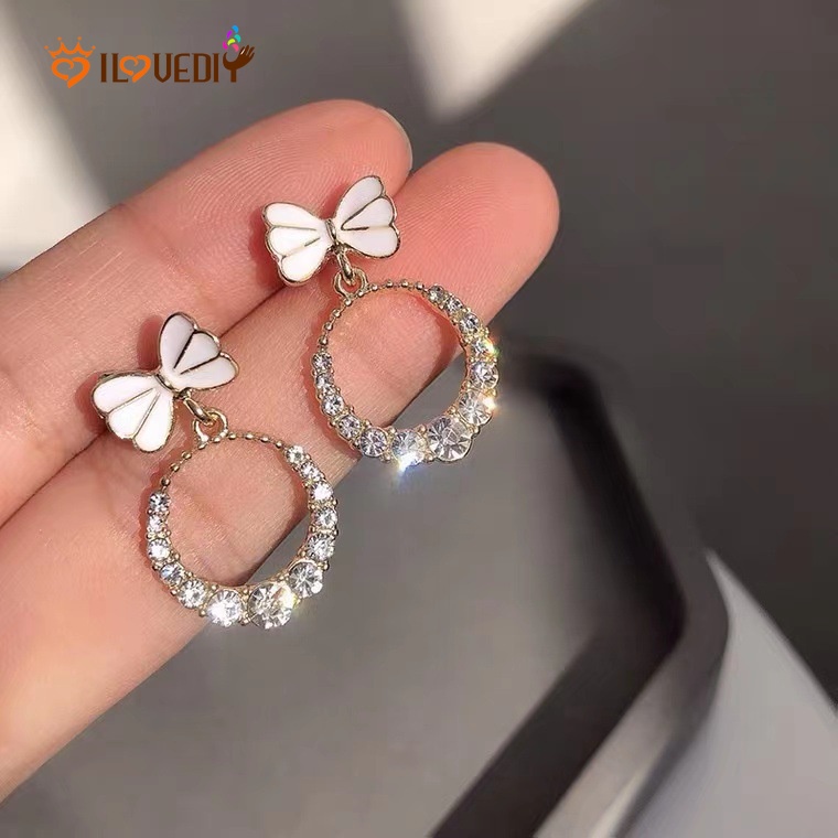 Bông tai đính đá zircon hình tròn phối nơ đơn giản phong cách retro Hàn Quốc cho nữ