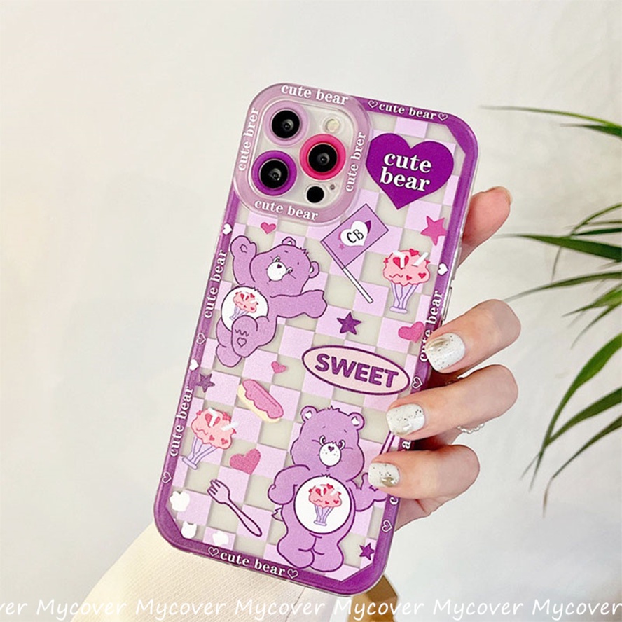 Ốp Điện Thoại Silicon Kẻ Sọc Caro In Hình Gấu Hoạt Hình Cho iPhone 11 12 13 14 Pro Max X Xr Xs 8 7 6 Plus SE 2020