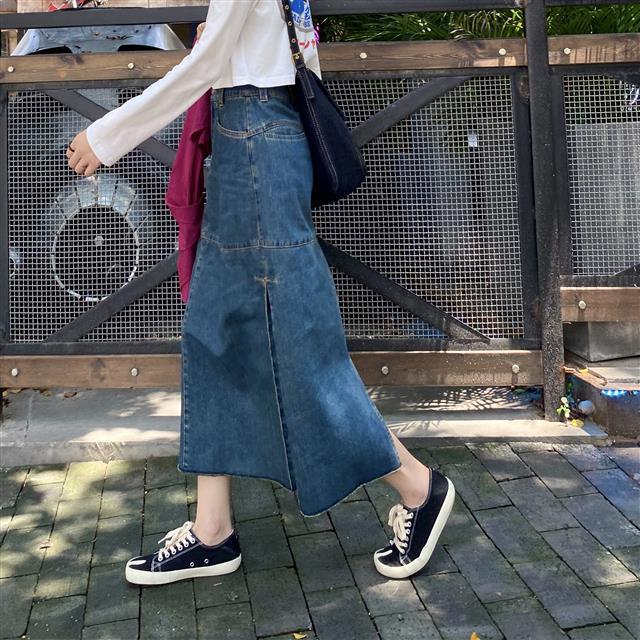 Chân Váy Jeans Lưng Cao Xẻ Tà Phong Cách Retro Cho Nữ | BigBuy360 - bigbuy360.vn