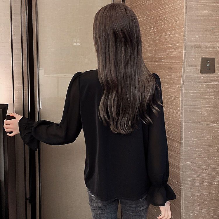 Áo Sơ Mi Chiffon Tay Dài Ống Loe Cổ Chữ V Thời Trang Mùa Thu Kiểu Mới Dành Cho Bạn Nữ