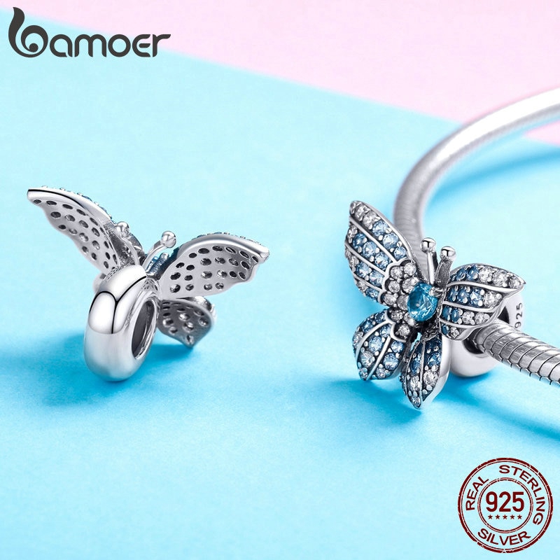 Phụ Kiện Hạt Bamoer Bằng Bạc 925 Dùng Làm Trang Sức Hình Cánh Bướm Đính Đá Màu Lam Thời Trang BSC061