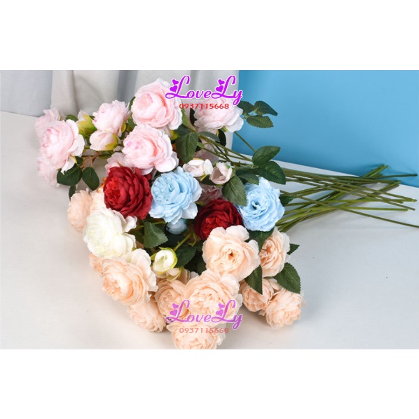 Hoa giả - Hoa hồng mẫu đơn cành 2 bông 1 nụ bằng lụa trang trí tiệc cưới decor nhà cửa văn phòng quán cafe