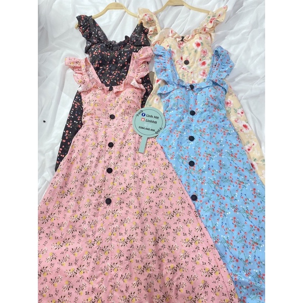 Đầm bông hai dây phối cúc dáng dài đầm maxi bông kèm mút sẵn Linh htt