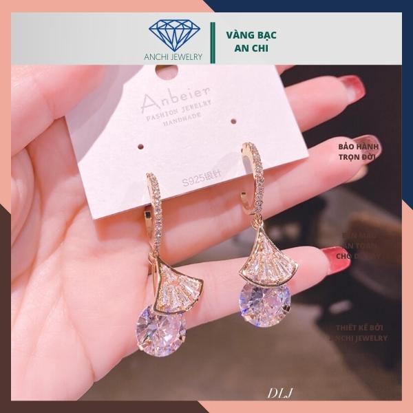 Bông tai công chúa đá tròn, khuyên tai hình quạt - bạc ta sáng đẹp không đen xỉn - An chi Jewelry