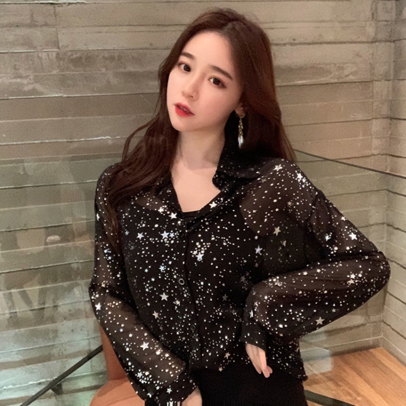 Star shirt women's new Korean version of the loose and thin jacket temperament bright sparkling long-sleeved casual wild chiffon shirt