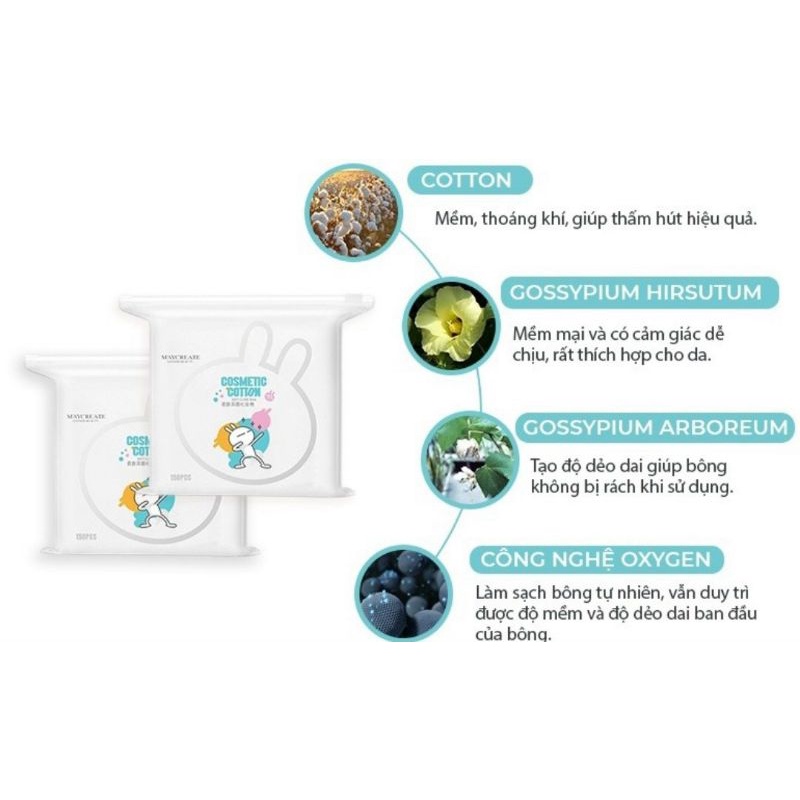 Bông Tẩy Trang 3 Lớp Cotton Pads Maycreate Mềm Mịn 150 Miếng