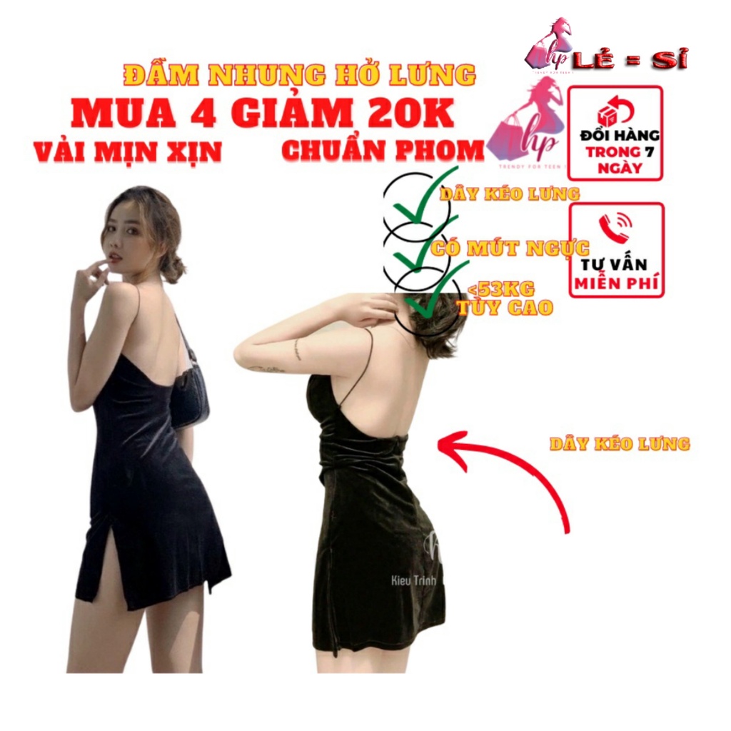 Đầm váy nữ bản 2 dây ôm body nhung mềm mịn hở lưng có mút ngực xẻ tà ngắn cực sang chảnh dự tiệc | BigBuy360 - bigbuy360.vn