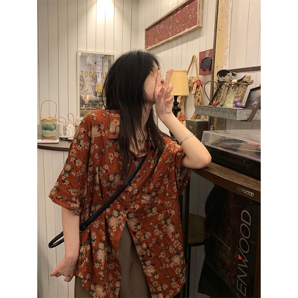 Áo Sơ Mi Tay Ngắn Dáng Rộng In Hình Hoa Hồng Phong Cách Vintage
