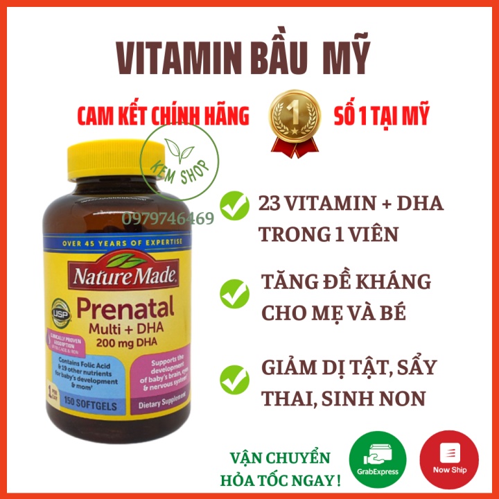 Vitamin tổng hợp cho bà bầu Mỹ Nature Made Prenatal Multi DHA 150 viên