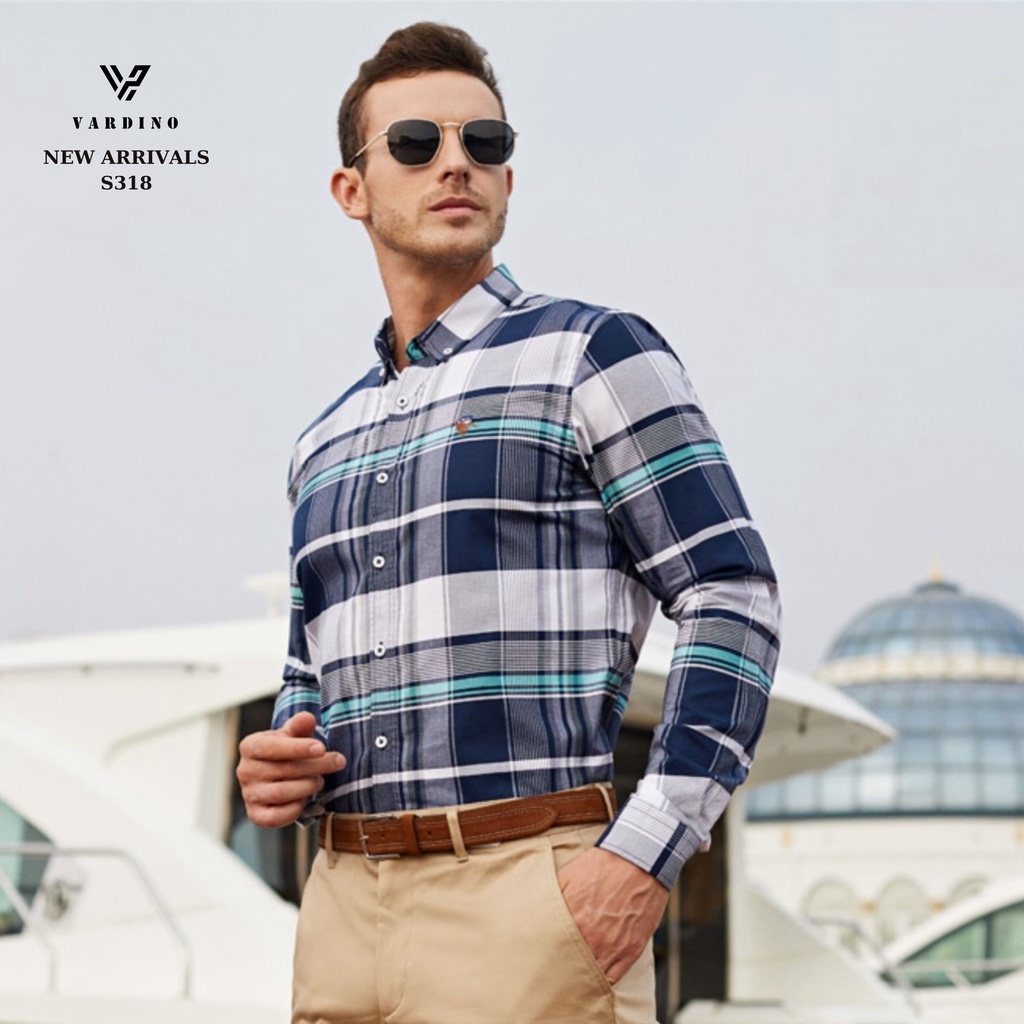 Áo sơ mi kẻ nam VARDINO tay dài vải Cotton lụa không nhăn không phai kiểu công sở trung niên s318