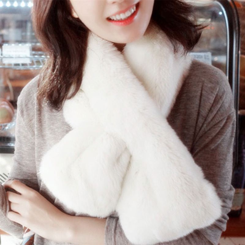 Khăn choàng cổ lông thỏ nhân tạo dày màu trơn giữ ấm vào mùa đông cho nữ với 6 màu tùy chọn 15x90cm