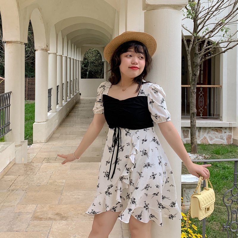 【ZHELIHANGFEI】 / Đầm Hoa Tay Phồng Nhấn Eo Hẹp Thời Trang