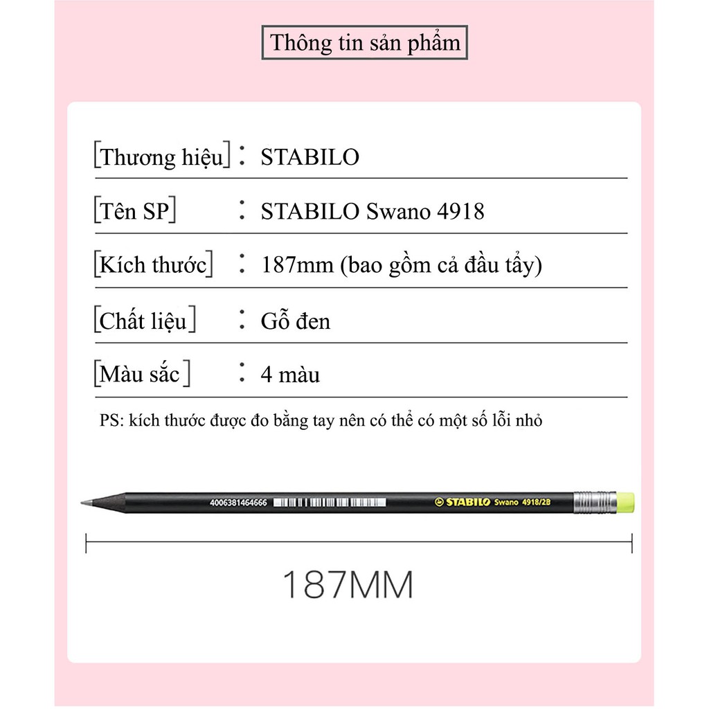 Bộ 6 cây bút chì gỗ STABILO Swano 2B thân đen có đầu tẩy+ chuốt chì PS4538 + tẩy ExamGrade ER196E (P4918-C6S+)