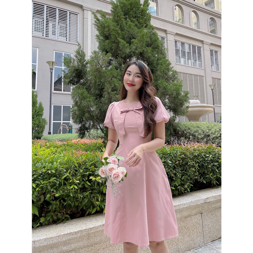 Đầm xòe Lomena dress C559 Tay bồng cổ tròn đính nơ trẻ trung Cin House