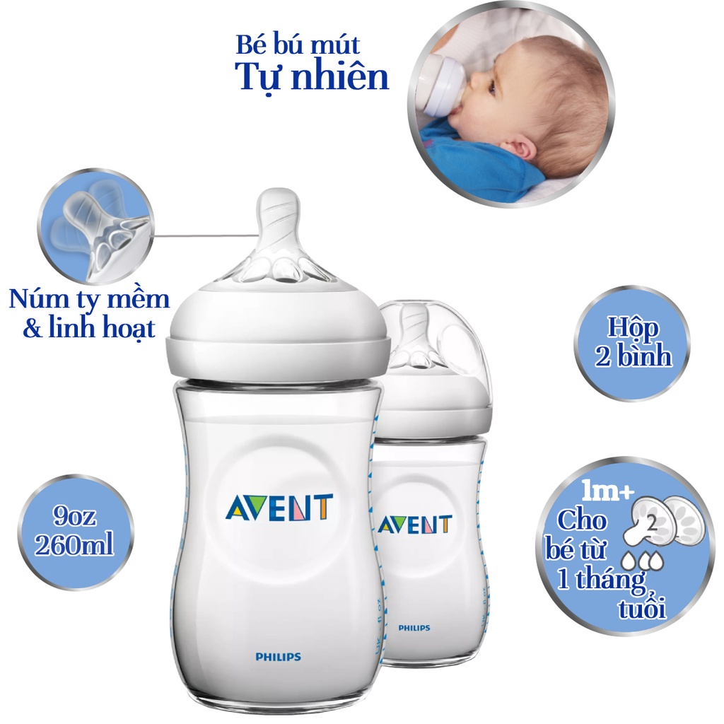 Philips Avent Bộ 2 bình sữa mô phỏng tự nhiên 260ml cho bé từ 1 tháng SCF693/23