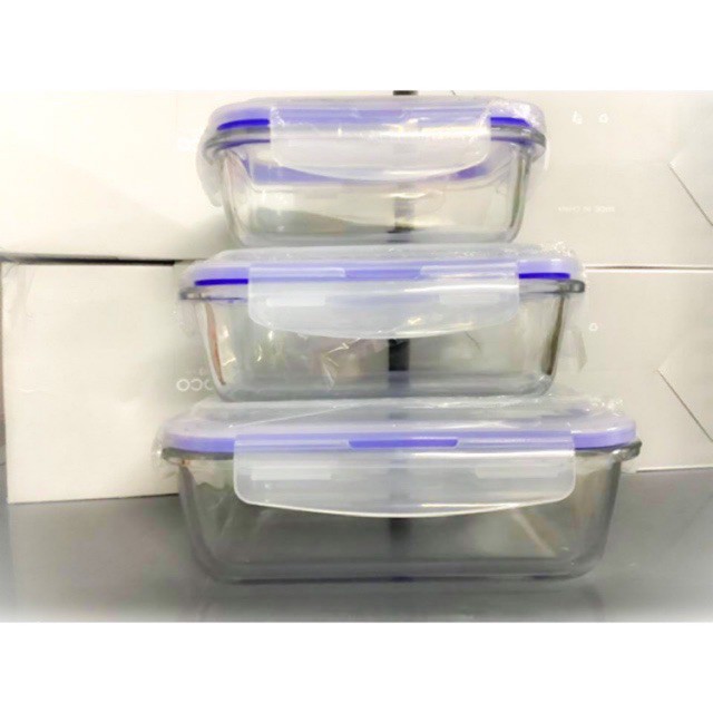Bộ 3 Hộp Cơm Thủy Tinh Hình Vuông Có Nắp Hút Chân Không,Đa Năng (370 + 640 + 1040ml) #4