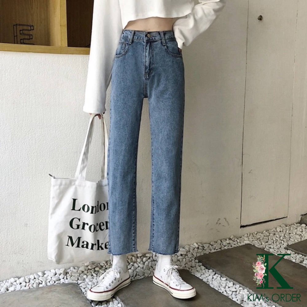 Quần jean nữ màu xanh nhạt ống đứng rách gấu cá tính, quần bò nữ phom suông loại 1 đi học đi chơi phong cách Ulzzang