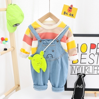 Set Áo Thun Tay Dài Kẻ Sọc Và Quần Yếm Jean Đáng Yêu Cho Bé 0-5 Tuổi