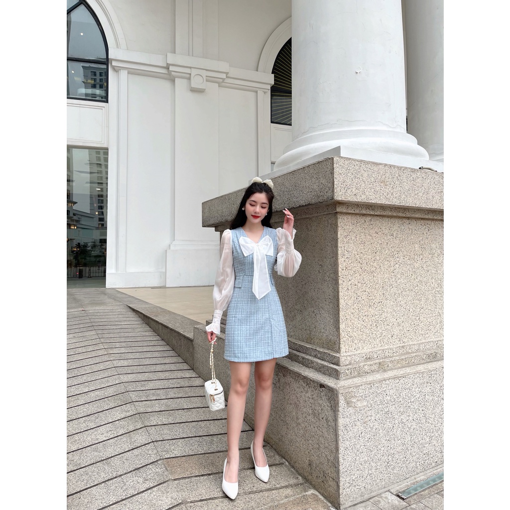 Váy dạ tweed phối voan tay dài bo chun, nơ trước ngực - M116 - Malouis