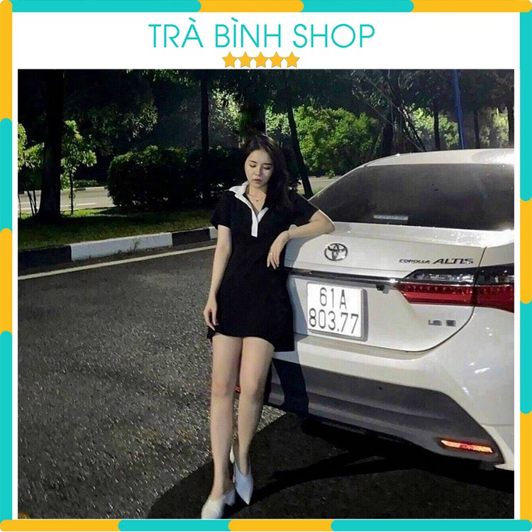 Đầm Polo Mặc Đi Chơi Dáng Ôm Màu Đen Phối Cổ Trắng Váy Dạo Phố Body Ngắn Tay Dự Tiệc