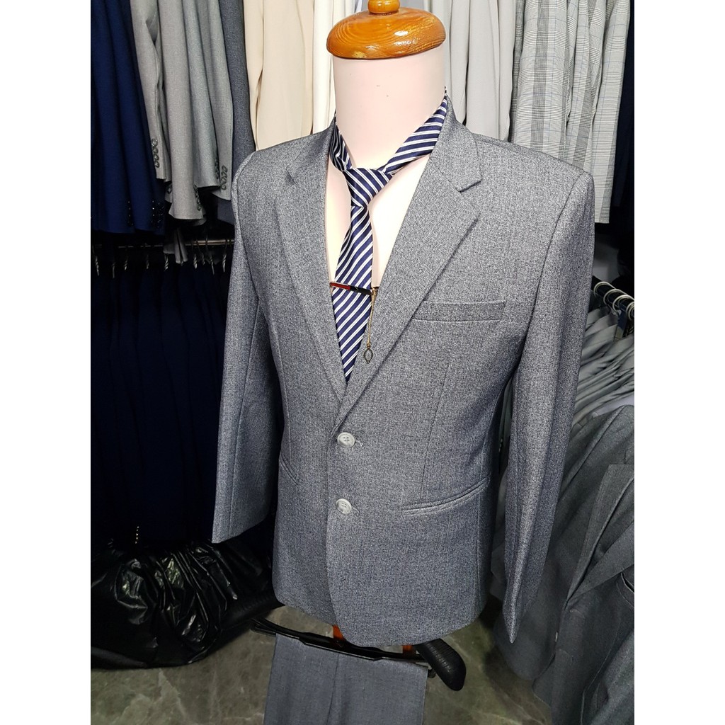 Bộ vest nam màu xám ghi form suông 2 nút chất liệu vải nhập cao cấp dày mịn + cà vạt kẹp