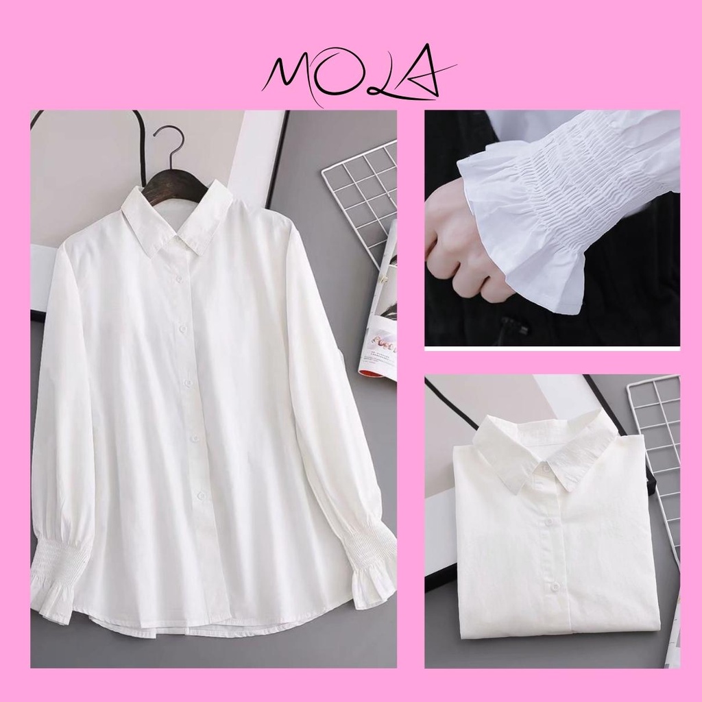 Áo Sơ Mi Nữ Form Rộng Kiểu Công Sở Dài Tay Phồng Bo Chun Dáng Dài Hàn Quốc Vải Lụa Màu Trắng Cổ Đức Vintage MOLA | BigBuy360 - bigbuy360.vn