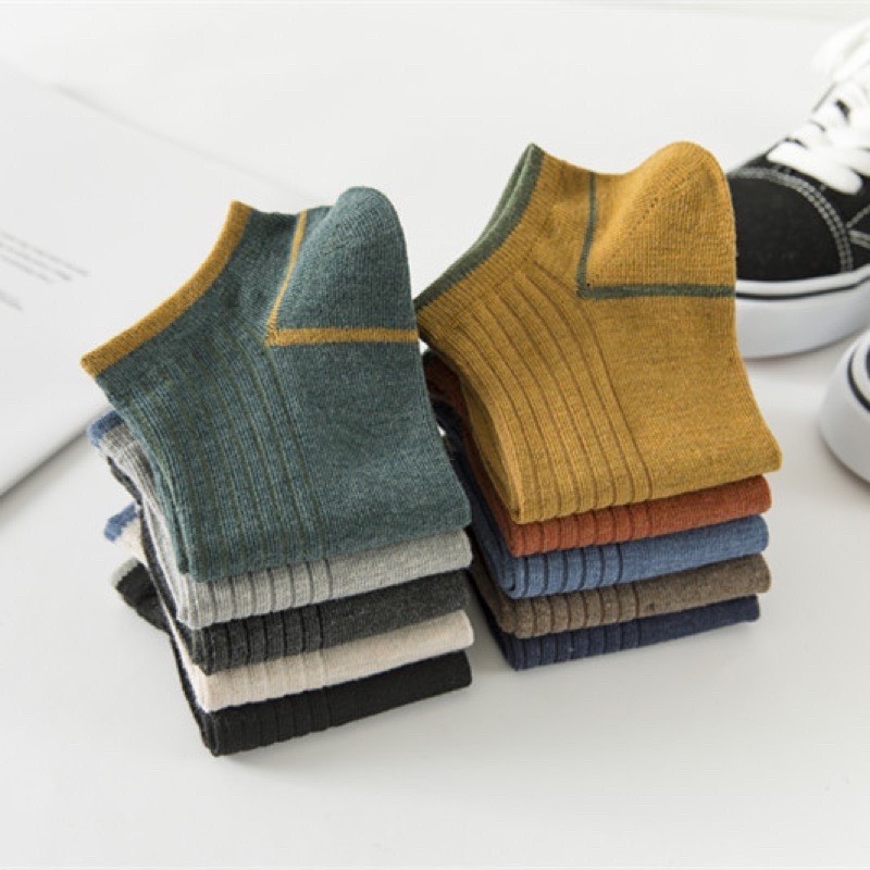 Combo 10 đôi tất, vớ cổ ngắn cotton phối dọc kẻ viền mềm min, cao cấp