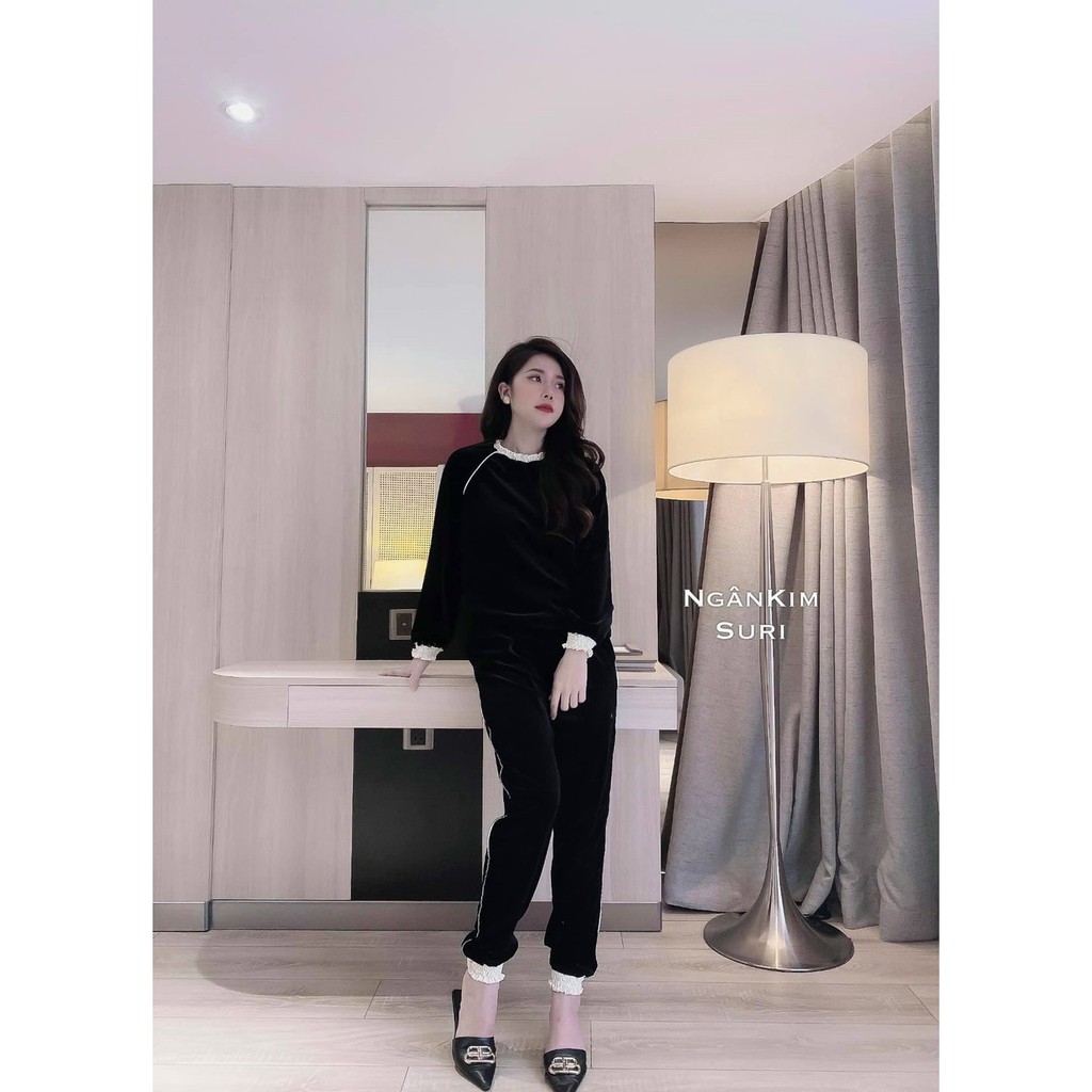 bộ đồ nữ thu đông dài tay chất nỉ nhung bo viền điệu đà | BigBuy360 - bigbuy360.vn