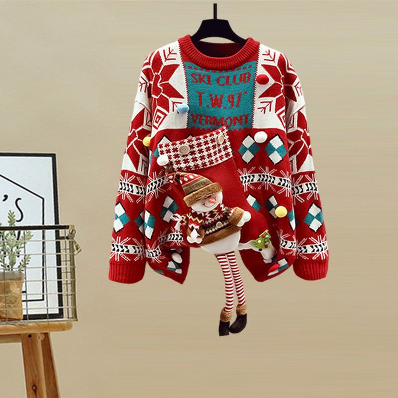 Bộ Áo sweater Cổ Tròn + Chân Váy Dệt Kim Họa Tiết Giáng Sinh Thời Trang Thu Đông Mới 2021