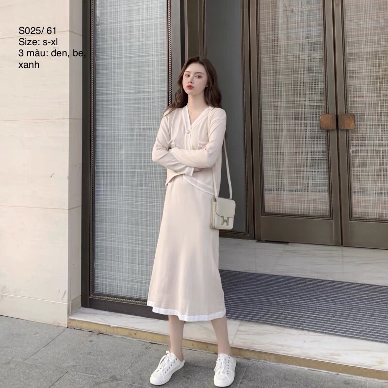 👉 Set Cardigan len mỏng cổ V nút cúc phối sọc viền + chân váy len tăm dáng dài