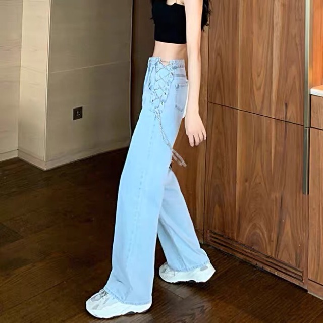 (ORDER) Quần jeans cạp cao ống suông dây xích ngang hông | BigBuy360 - bigbuy360.vn