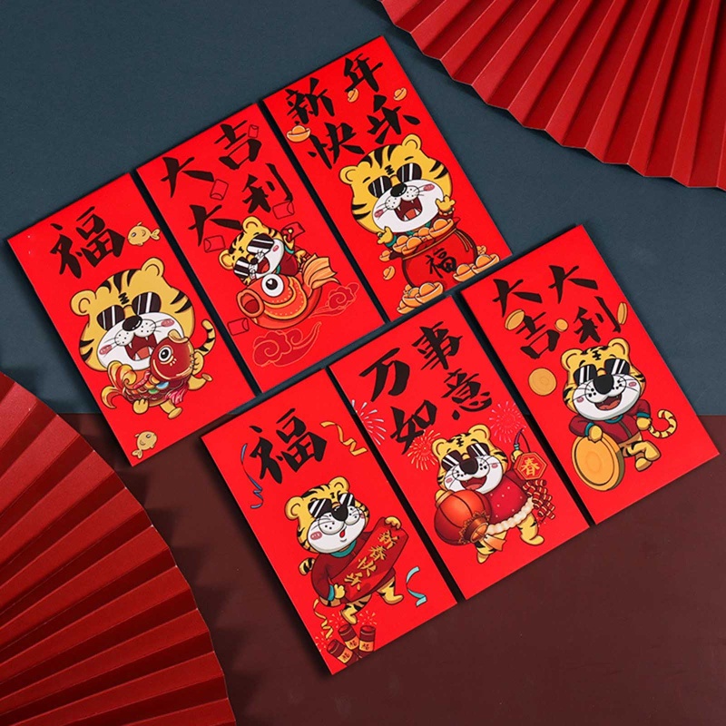 Set 6 bao lì xì đỏ in hình hổ Hongbao 2022