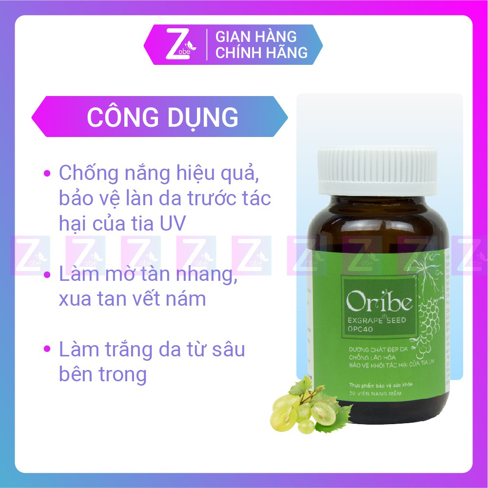 Viên uống Đẹp Da, Mờ Nám, Chống Lão Hóa Oribe - Chiết xuất Hạt Nho Pháp, Collagen nhập khẩu Italia (hộp 30 viên)