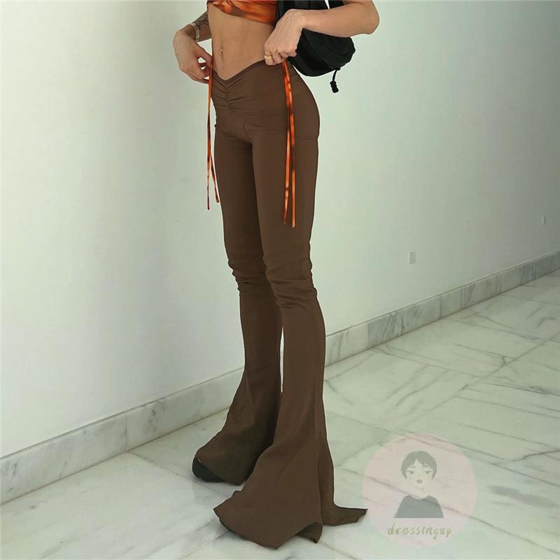 Quần Dài Ống Loe Lưng Thấp Màu Sắc Đơn Giản Cho Nữ