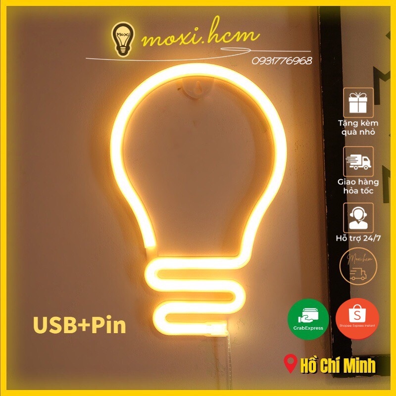 [TẶNG MÓC TREO ]Đèn Led Neon trang trí hình bóng đèn dùng pin hoặc USB -decor phòng học, quán cafe, phòng ngủ MOXI.