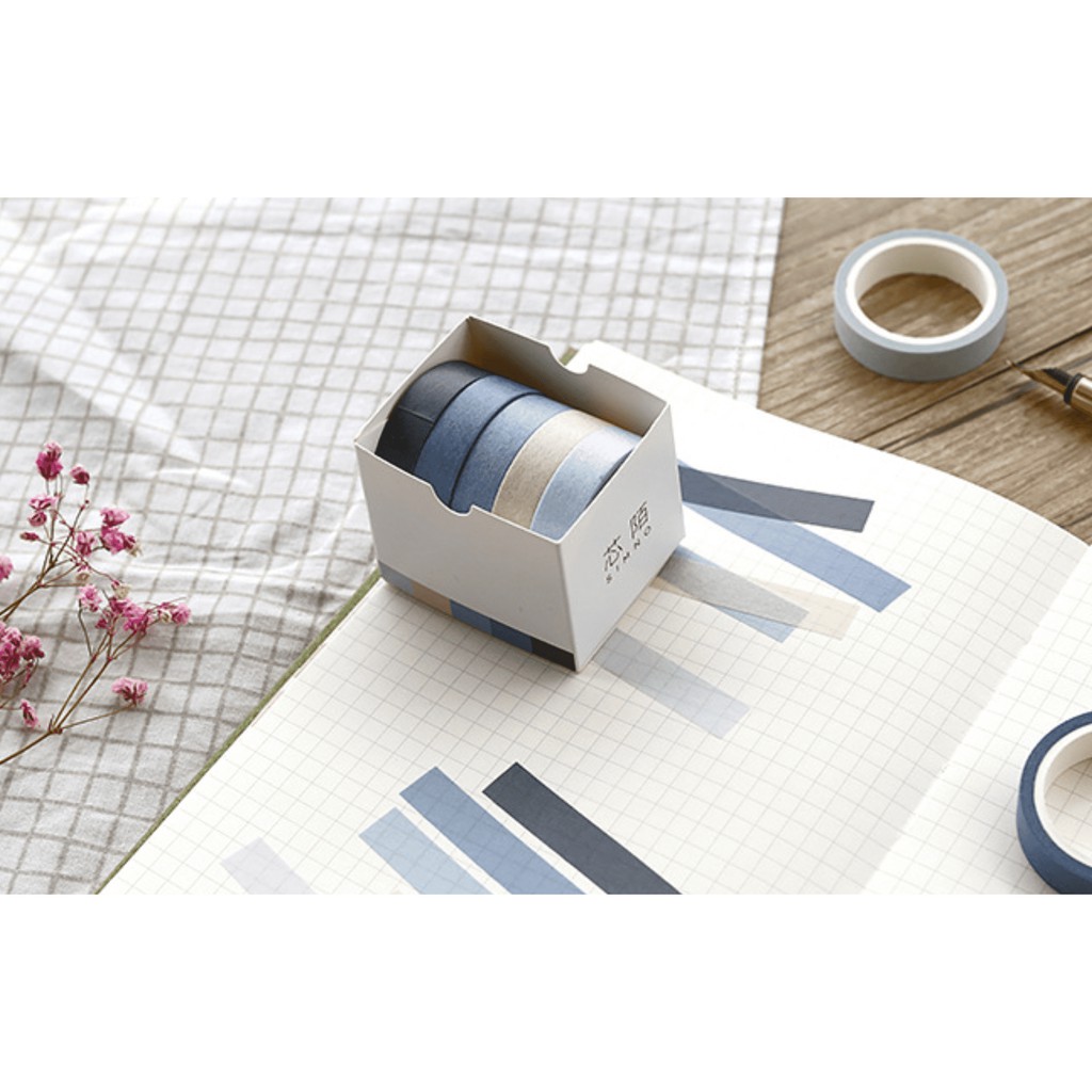 Set 5 Cuộn Washi Tape Trơn mẫu Winter - Hộp 5 Cuộn Băng Dính Washi Trơn tone Xanh Biển