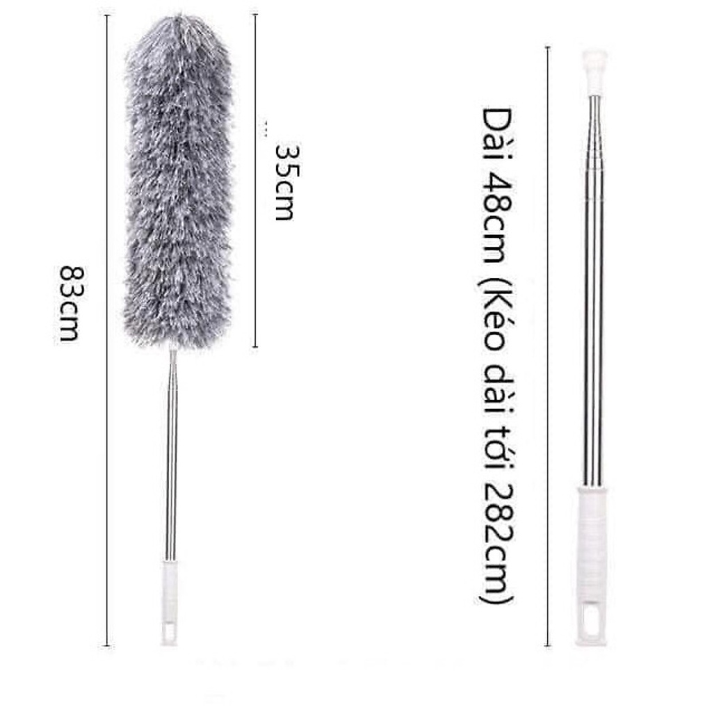 Cây chổi lông quét lau bụi mạng nhện trần nhà đa năng cán dài inox rút gọn kéo dài 250cm, đầu chổi gập 90 độ hàng loại 1